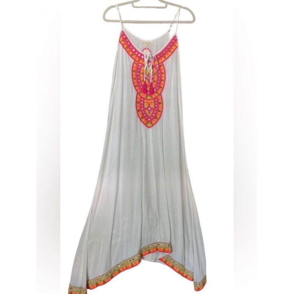 Ruby Yaya White Embroidered Mirror Tassel Handkerchief Hem Maxi Dress Mens M - Picture 2 of 9